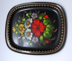 TWO Vtg Tole, Toleware Black Metal Trays, Hand-Painted Florals w/Gold Trim Edges