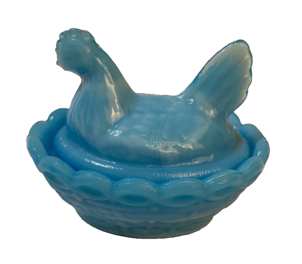 Vintage Westmoreland Mini Blue Milk Glass Hen On Nest 2.5” Chicken