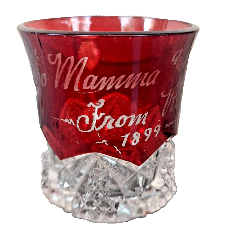 Edwardian Ruby Cut to Clear Red Crystal Cup – To Mamma & Papa From Rob (1899)
