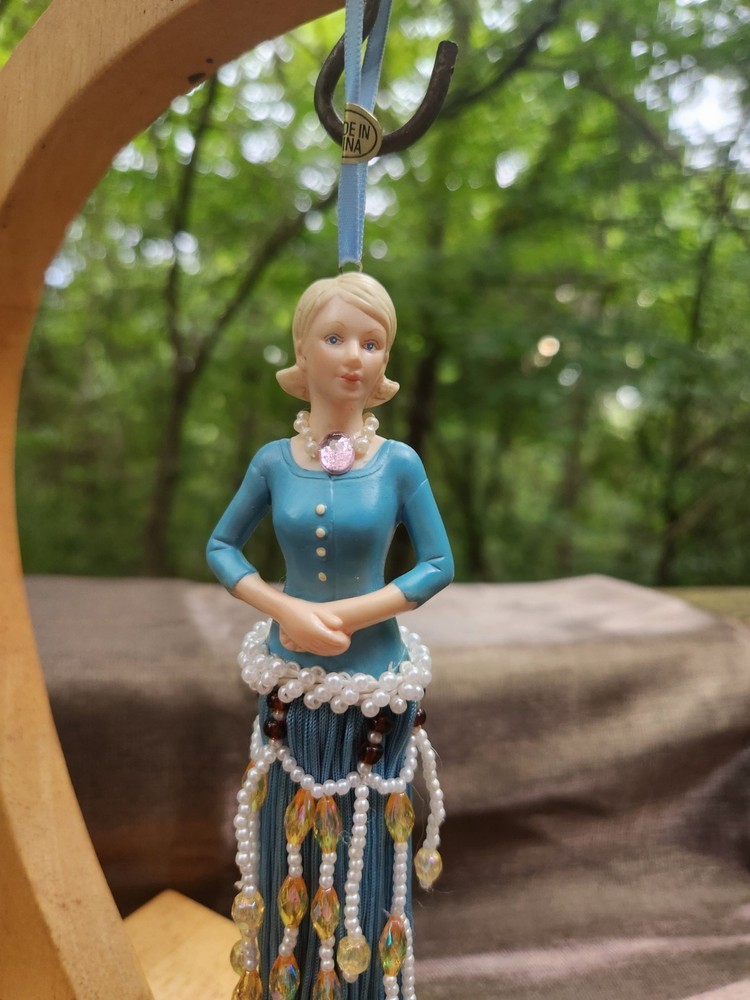 Tassel doll pretty blue outfit, beaded, unique, 12 inch