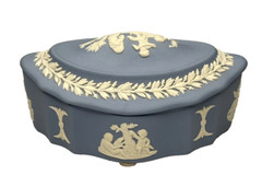 Wedgwood Blue Jasperware Oval Trinket Box Lid Scalloped Cherubs Dogs