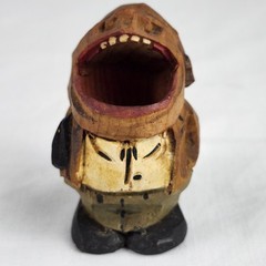 VTG ANRI Hand Carved Wooden Big Mouth Toothpick Match Holder Man Figure Folk Art