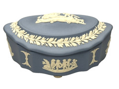 Wedgwood Blue Jasperware Oval Trinket Box Lid Scalloped Cherubs Dogs