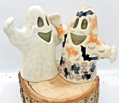 Polish Pottery Ceramic Ghost Lantern Figurine Boo Bats Spiders Webs Halloween