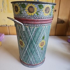 Hand Painted Folk Art Galvanized Metal Bucket Sunflowers Lattice Pattern