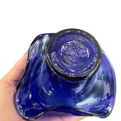 1980s Art Glass Hat Shaped Dish Bowl Clear Cobalt Blue Swirls Folded Edges VTG