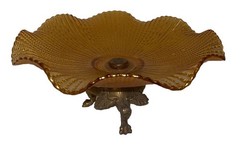 Antique Fenton glass Ruffled Pedestal ￼bowl with a brass Claw Foot Fun