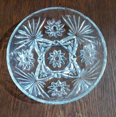 Vintage Unbranded, Clear, Etched Crystal Bowl, 7 in., Flower & Sunburst Pattern