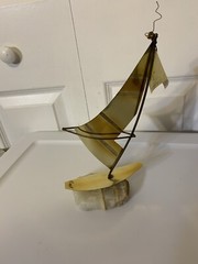 Brass Sailboat 11″ Signed De Mott Sculpture Onyx Base Nautical Ship Sailing