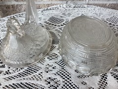 L E Smith Hen on a Nest Covered Candy Dish Clear Glass Woven Basket Heavy Vtg 5”