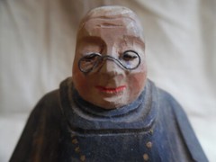 Vintage Swiss Black Forest Hand Carved Wood Monk Reading with Wire Glasses 5″