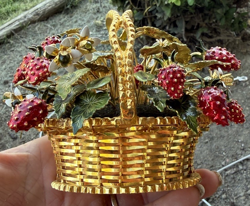 Gorham Jane Hutcheson Brass Basket Fleurs des Siecles Enamel Strawberries
