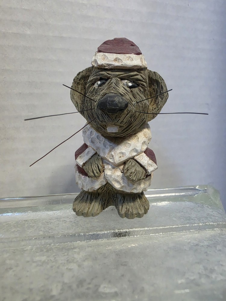 Vintage Hand Carved Wood Santa Mouse 1999 Signed CH Folk Art 6.5″ Charles Hoefer