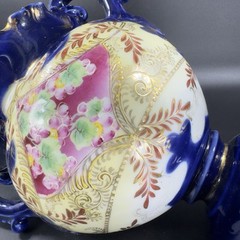 Antique Fine Porcelain Vase Vessel Footed Dish Bowl W Handles Decorated Ceramic