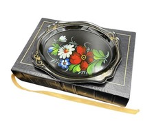 Vintage Hand Painted Floral Oval Trinket Dish Black Gold Folk Art Decor