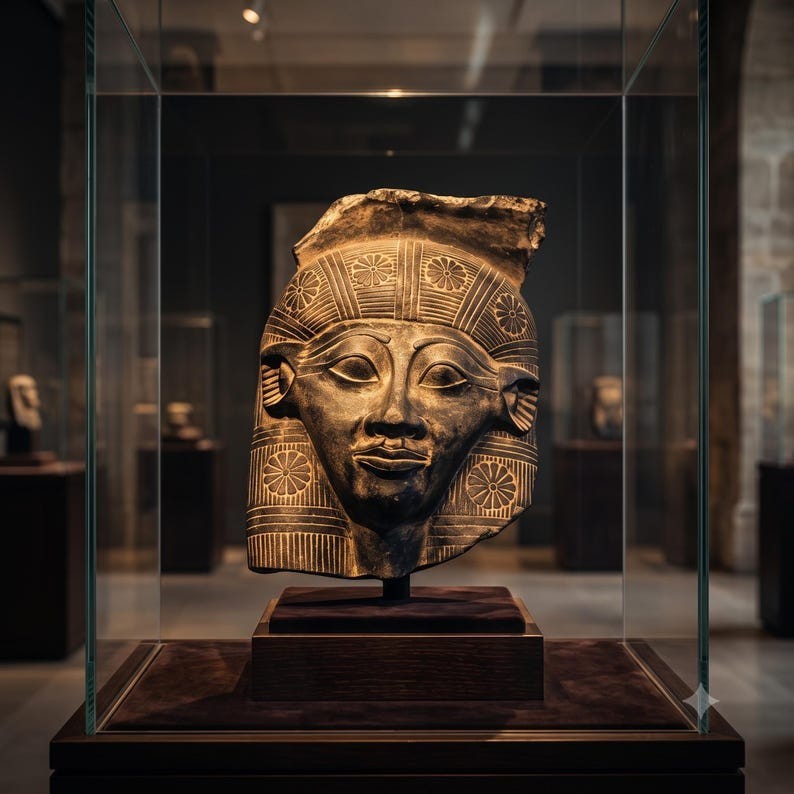 Egyptian Hathor Mask Sculpture Ancient Egyptian Face and Solid Stone Mythology