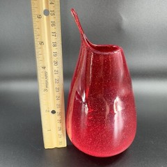 Hand Blown Studio Art Glass Vase Hand Made Glassware Vessel Red Open Top Vase