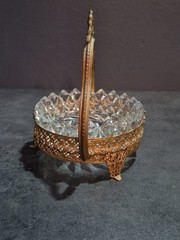 Vintage Ornate Cut Glass Trinket Bowl w/Brass Holder – 5″ Tall- Damage-*READ*