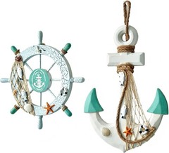 Nautical Wall Decor 2-Pack – 11″ Wooden Ship Wheel & 13″ Anchor with Rope, Co…
