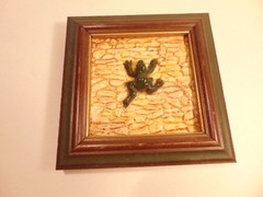 Modern framed decorative tile with high relief frog; Studio label on reverse