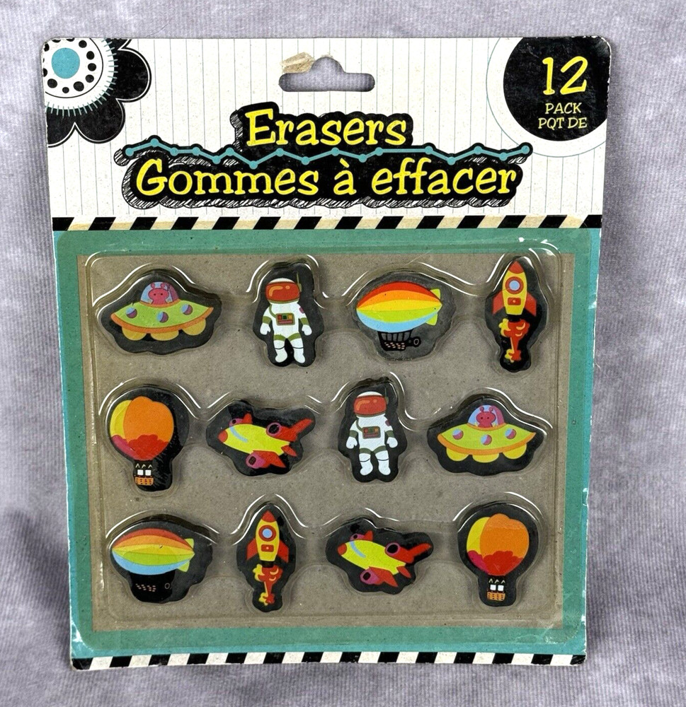 School Erasers 12 Space Theme Astronaut Space Ship Blimp Rocket Jet UFO NOS