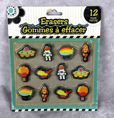 School Erasers 12 Space Theme Astronaut Space Ship Blimp Rocket Jet UFO NOS