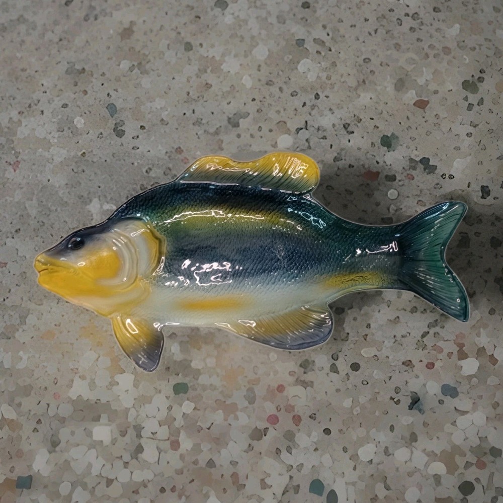 Vtg Largemouth Bass Large Art Glass Plate 24″ Serving Dish Platter Fish Decor