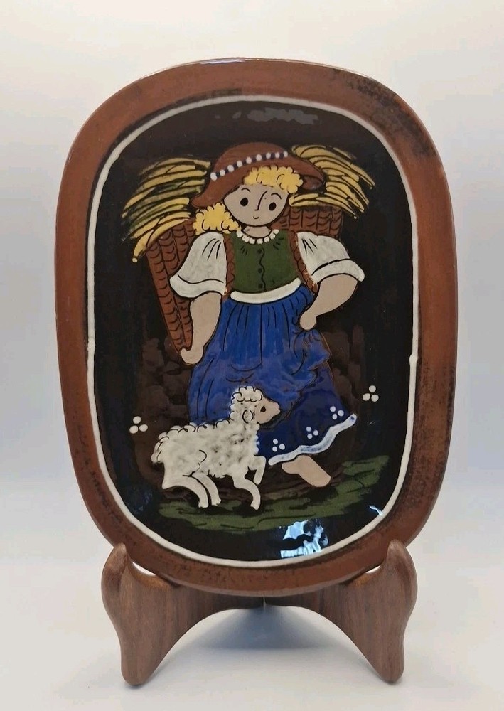 Vtg Swiss Folk Art Girl With Lamb By Kohler Biel Handarbeit