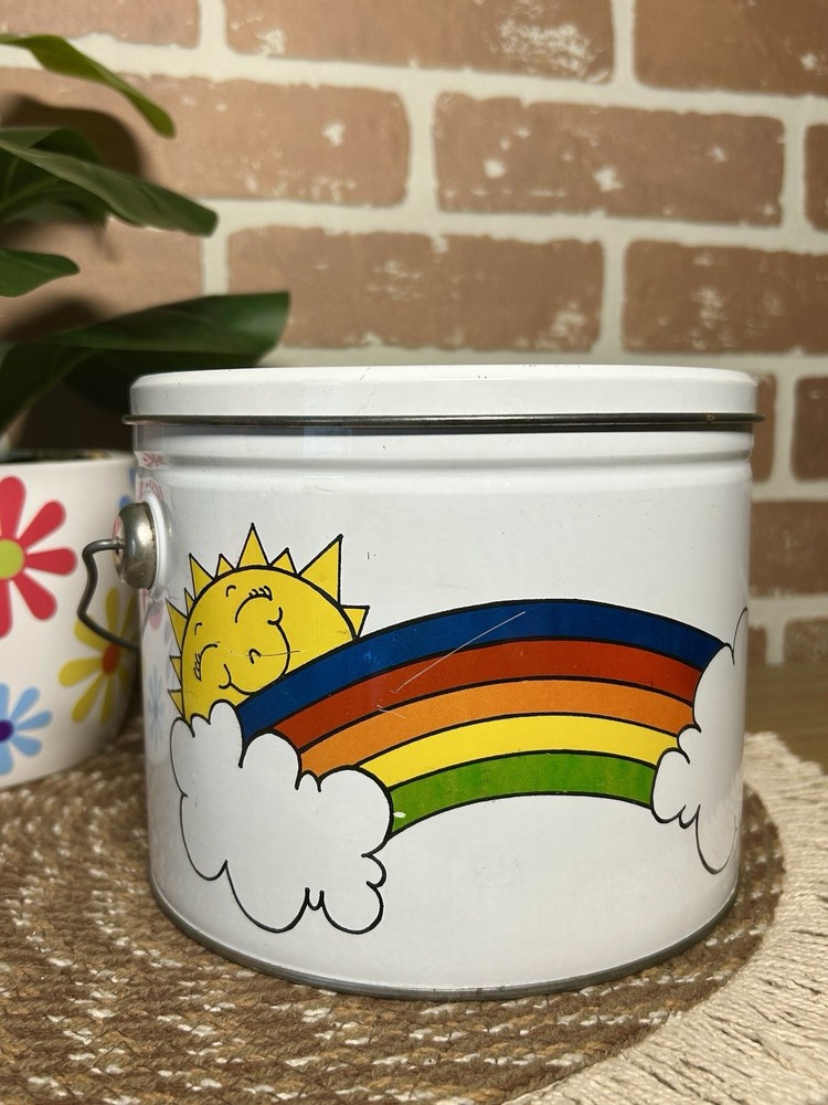 Vintage Rare Deco Metal Empty Tin Rainbow Sun Face Clouds Large With Handle