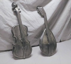 Vintage 1960s Royal Cast Metal Bass Guitar and Mandolin Wall Hangings Art
