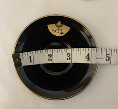 Black Gold Plastic Lacquerware Japan Demitasse 4 Coffee Cups & Saucers 3 Spoons