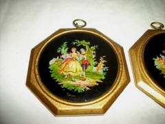 Antique French Miniature Reverse Painted Glass Plaques Romantic Couples 1930s Pr