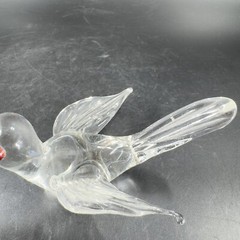 Hand Blown Art Glass Clear Bird Figurine Delicate With Red Orange Eyes Hand Made