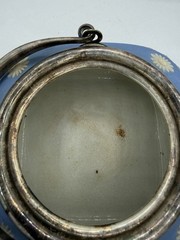 Rare Wedgwood Blue Jasperware Biscuit Barrel Square Metal Lid England 5 3/4” Sq