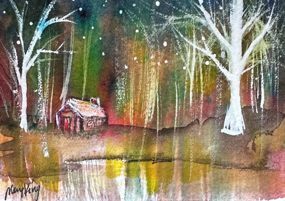 Watercolor ACEO Original Painting by Mary King – Cabin in the Woods