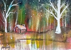 Watercolor ACEO Original Painting by Mary King – Cabin in the Woods