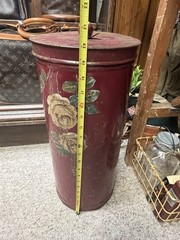 antique vintage hand painted floral metal TOLEWARE HAMPER can w/lid SHABBY CHIC