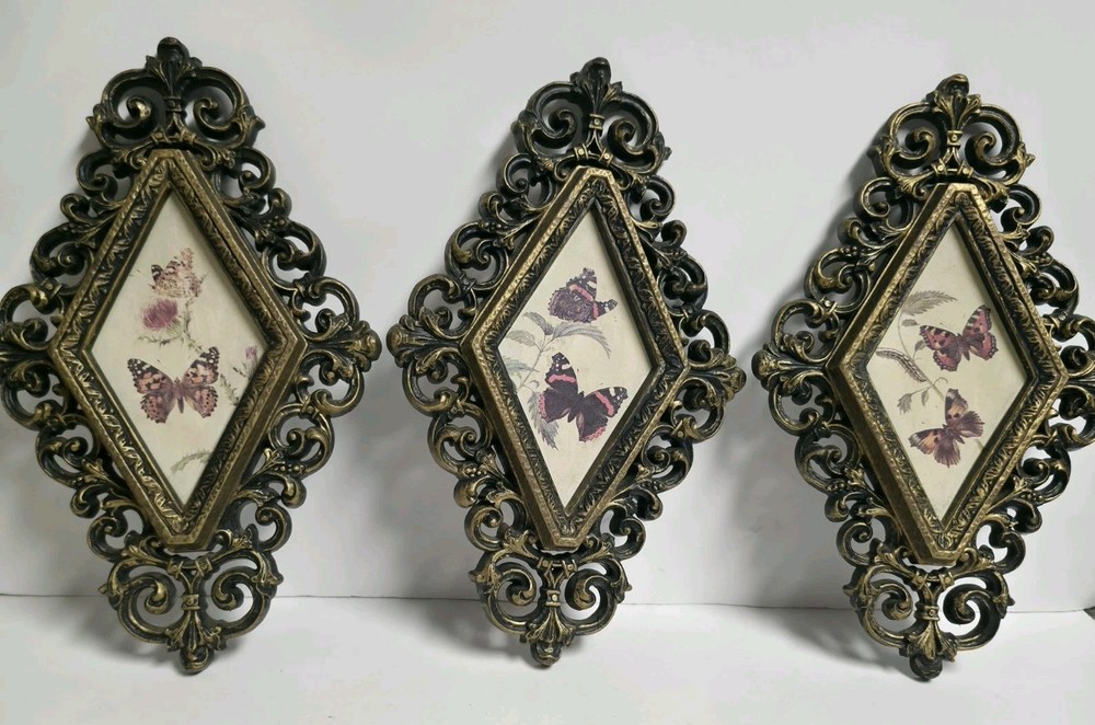 VTG Homco Home Interiors Butterfly Diamond Wall Plaques Set of 3 Gold Frames