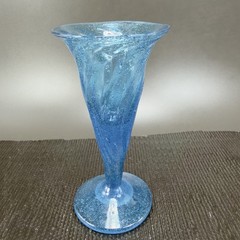Hand Blown Blue Trumpet Art Glass Vase Vessel With Air Bubbles Glass Bud Vase