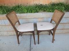 Vintage Stakmore Wooden Folding Chair Cane Back Vinyl Padded Seat