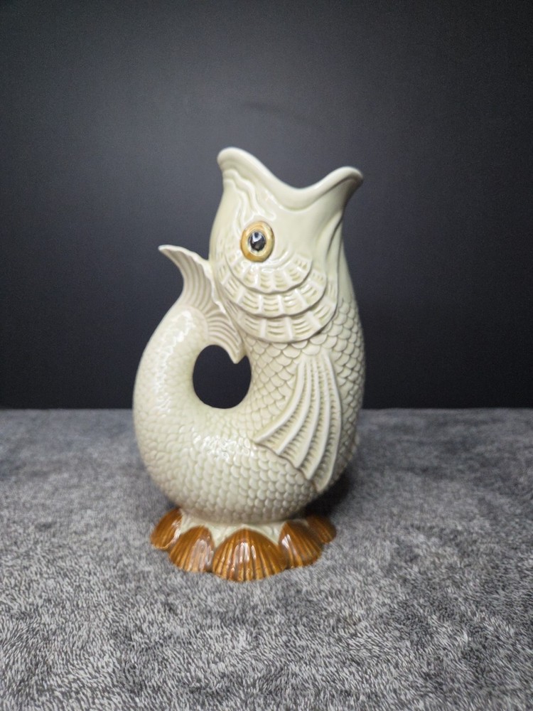 Vintage FITZ & FLOYD Hand Painted KOI Fish & SHELL PITCHER/VASE (Signed) READ!