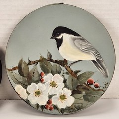 2 VTG Hand Painted Round Wood Lid Dogwood Berries Chickadee Bird Farmhouse Decor