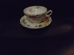 VINTAGE TRIMONT CHINA CUP & SAUCER SET WHITE WITH FLORAL DESIGN GOLD SCROLL TRIM