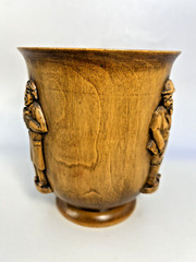 Vintage Carved Wooden Folk Art Cup Vase Vessel 3 Carved Wood Figures SIGNED 4.8″