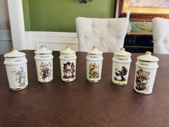 Vintage Spice Jars w/Lids 1987 MJ HUMMEL Porcelain Set of 6 Alpine Switzerland