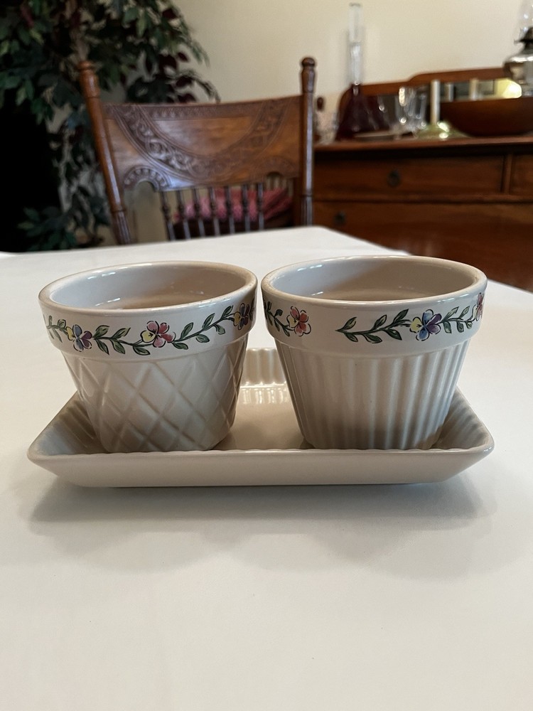 Longaberger Early Blossoms Ceramic Flower Pots & Tray Planter Set