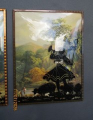 Antique silhouette Reverse Painted convex glass 6”x8” Shepherd Boy Trumpet Sheep