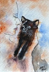 Original Watercolor ACEO Painting by Mary King – Kitten Love – cat