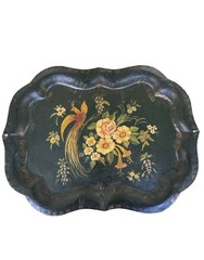 Antique 19th Century Tole Tray Hand Painted Bird Flowers 29”x 21” ESTATE FIND