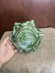 Vtg. Heavy Green Art Glass Ruffled/Flower Bowl Murano Style Hand Blown(Set Of 2)
